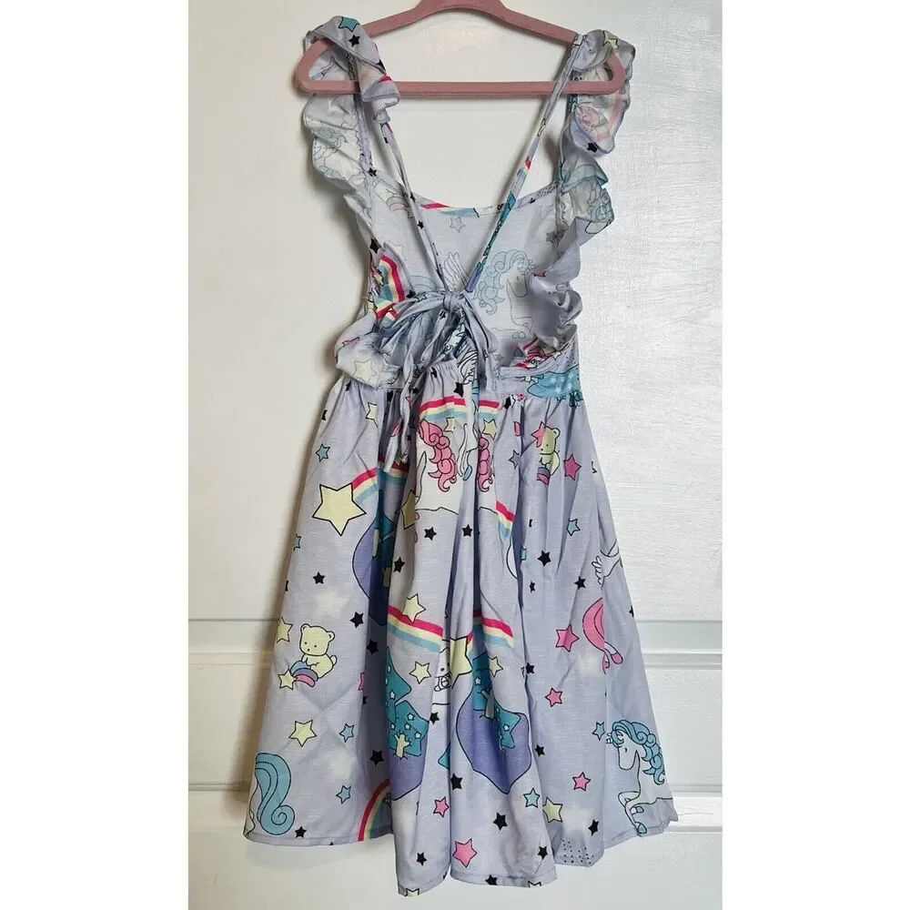 Los Angeles Boutique Girls Unicorn Rainbow Purple Ruffle Tie Back Dress NEW 6